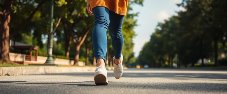 A woman in comfy sneakers strides down a sunny, leafy street, earbuds in, enjoying a simple walk for weight loss.