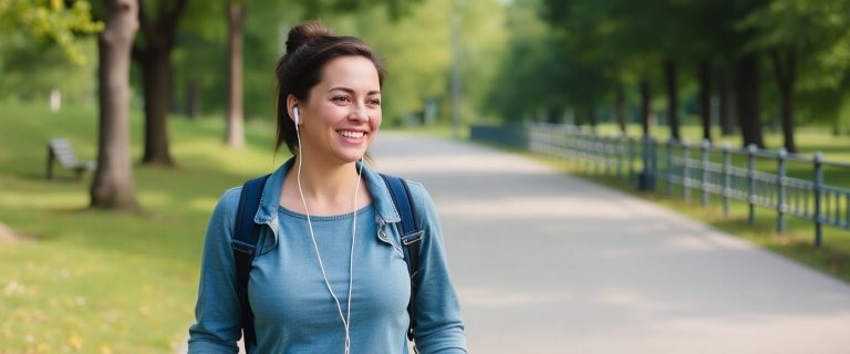 A happy mom strolls a leafy park path, earbuds in, enjoying a simple walk that helped her lose 10 pounds.