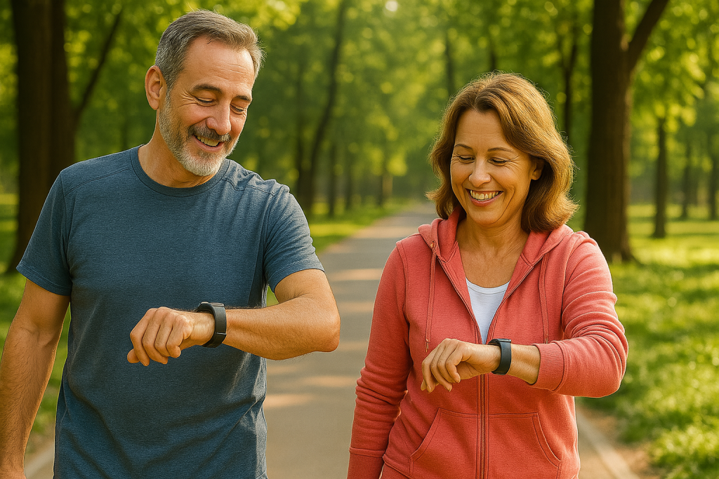 middle aged couple checking fitness trackers during walk.
