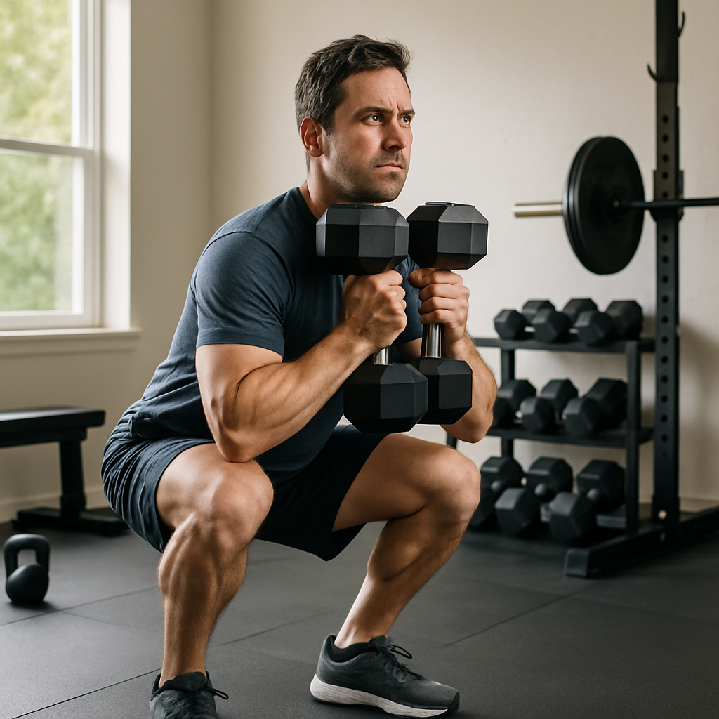 	Man in his late thirties performing dumbbell squats in a sunny home gym