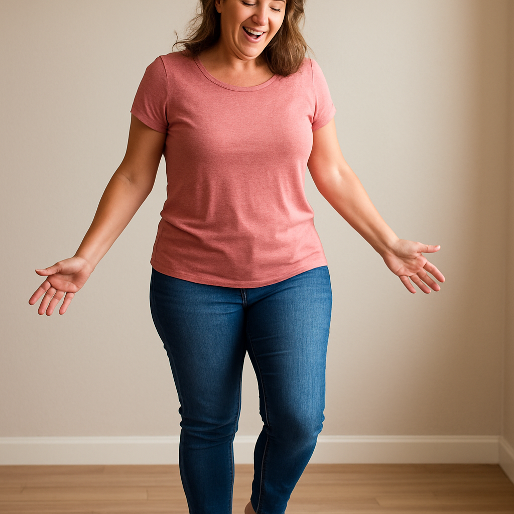 Smiling woman in her early forties stepping off a digital scale in a bright kitchen, looking relieved