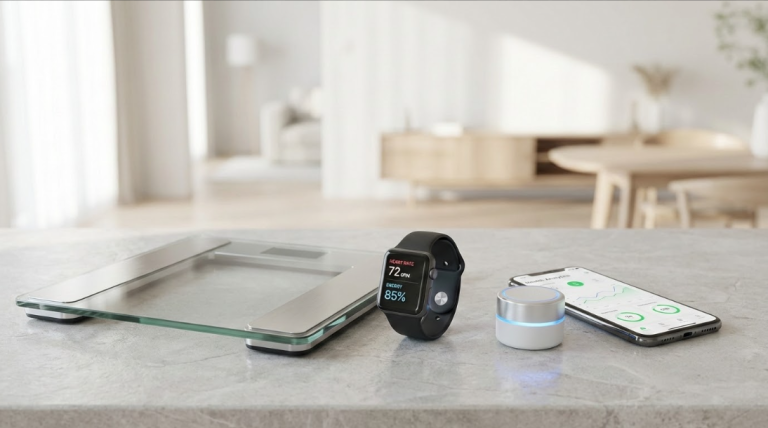 Photorealistic editorial-style image of modern health technology arranged on a clean, minimalist surface. Include a smart body composition scale, a sleek health smartwatch displaying heart rate and energy metrics, a compact food allergen detection device, and a smartphone showing a health analytics dashboard. Soft natural lighting, neutral tones, high-end medical and wellness aesthetic. Background should feel calm and trustworthy, like a modern health magazine feature. No text, no logos, no branding. Ultra-detailed, realistic materials, shallow depth of field, cinematic composition.