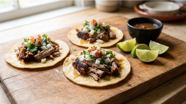 Healthy carnitas served on warm corn tortillas with fresh toppings, offering a balanced, flavorful approach to traditional carnitas without overprocessing.