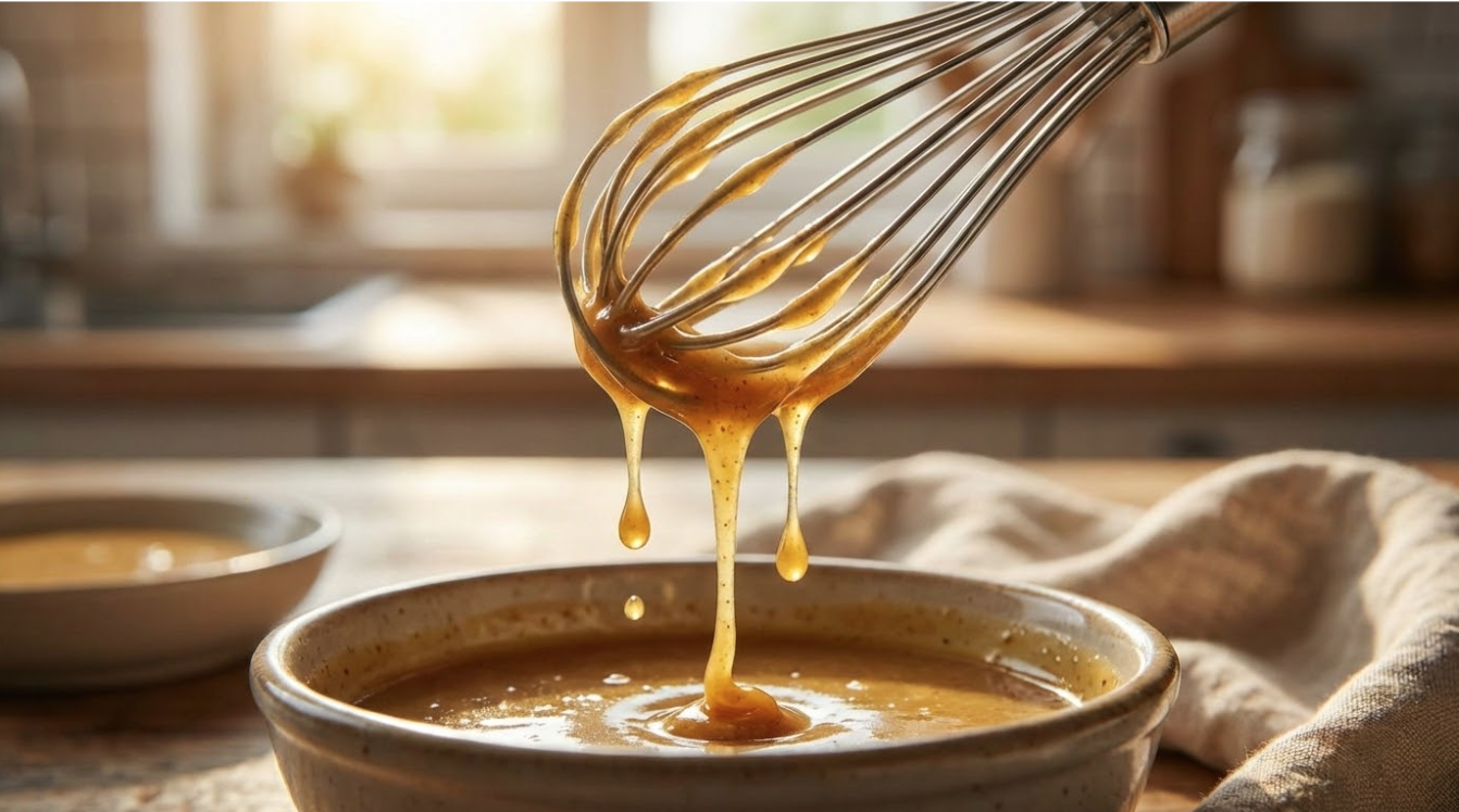 Homemade honey mustard dripping off a wire whisk into a ceramic bowl