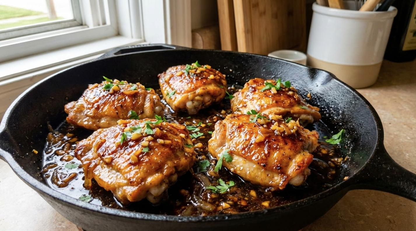 Honey garlic chicken thighs cooked in a cast iron skillet with crispy skin and glossy garlic honey sauce