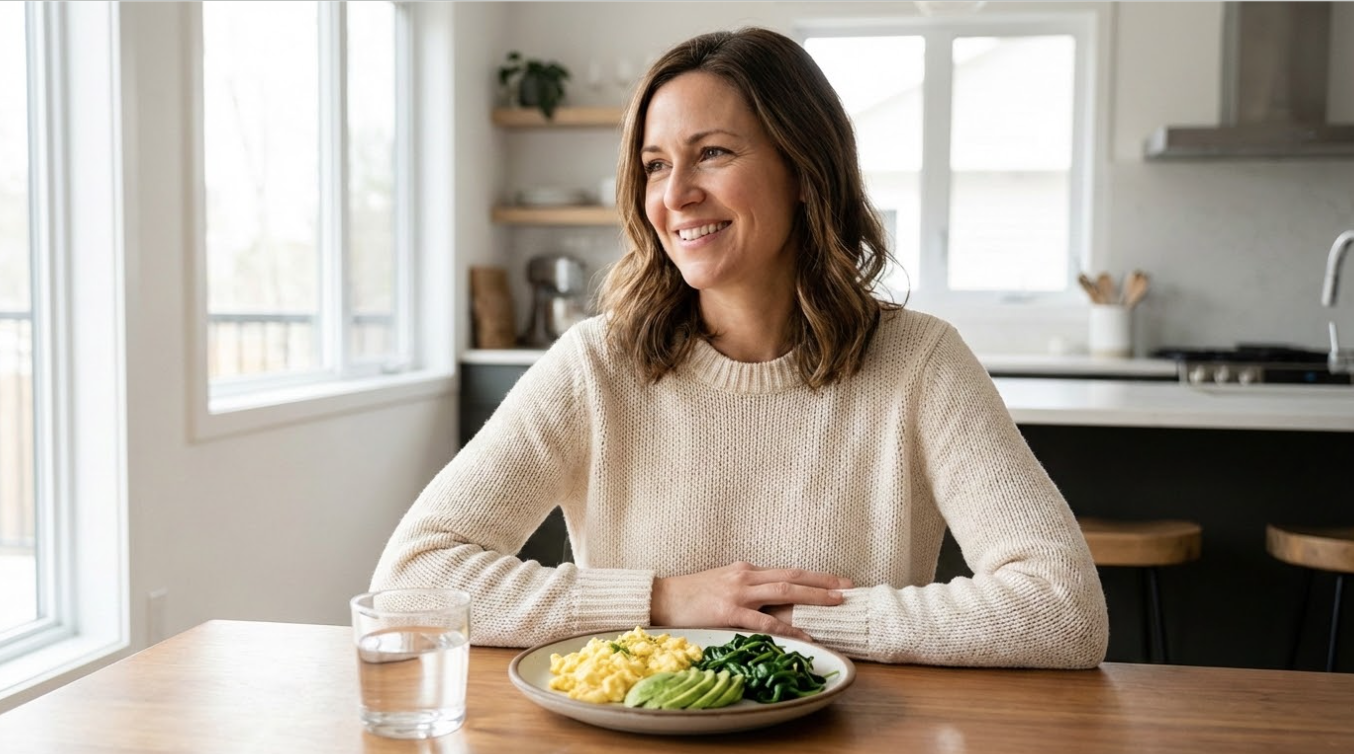 Woman in her 40s feeling satisfied after a healthy breakfast supporting GLP-1 response