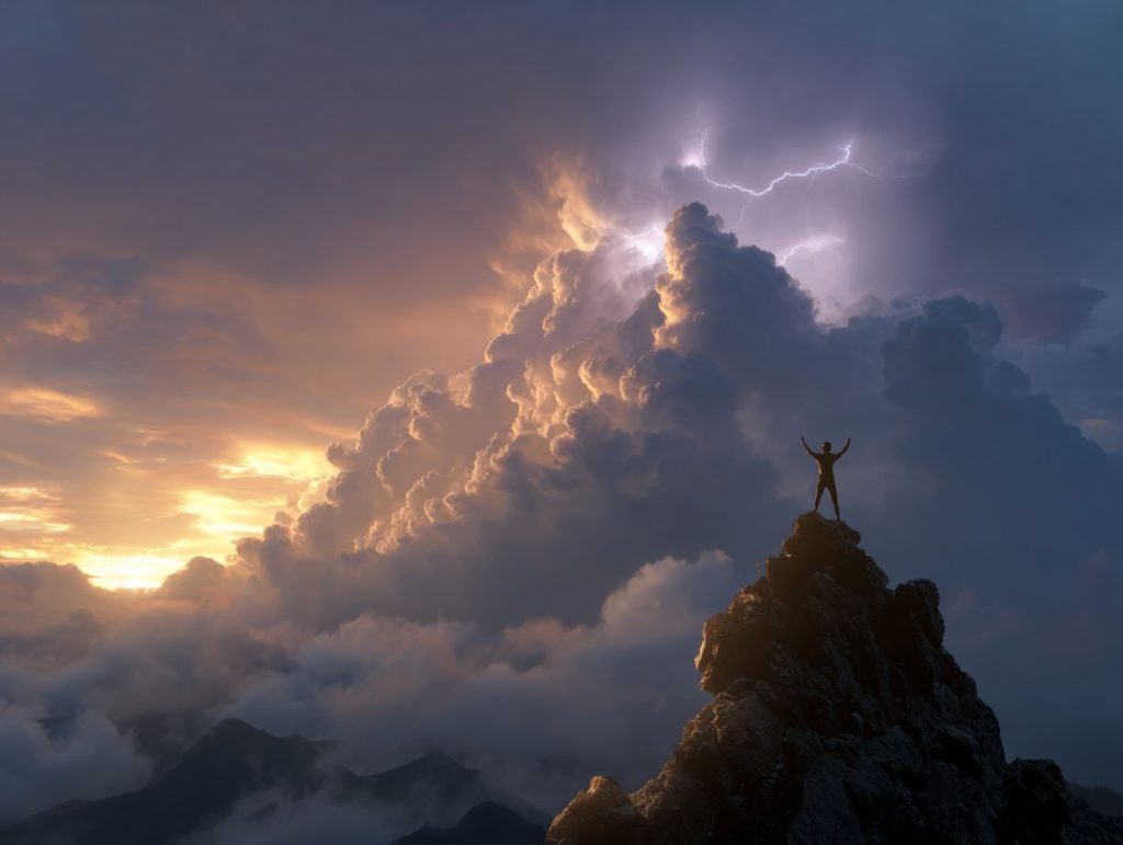 Figure standing tall on a rocky peak as lightning breaks through clouds, illustrating stress, resilience, and inner strength
