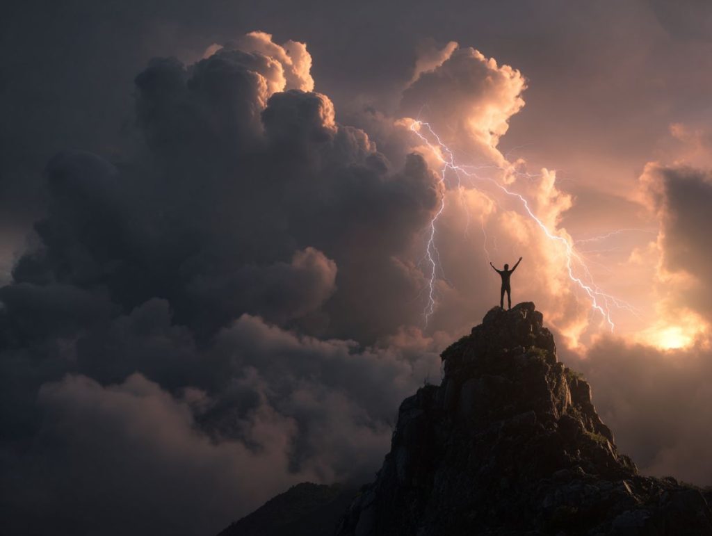 Silhouette on a mountain summit with lightning and clouds representing stress during moments of uncertainty and challenge