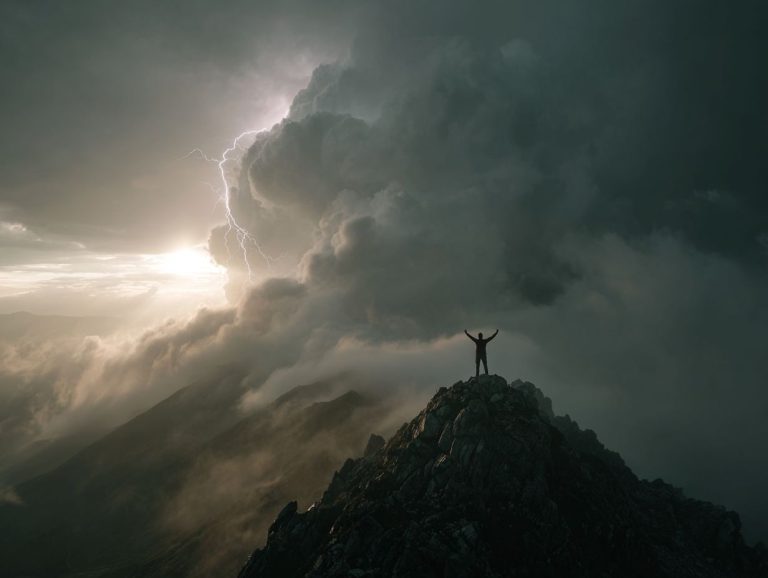 Person standing on a mountain peak beneath dark storm clouds symbolizing stress, pressure, and emotional overwhelm