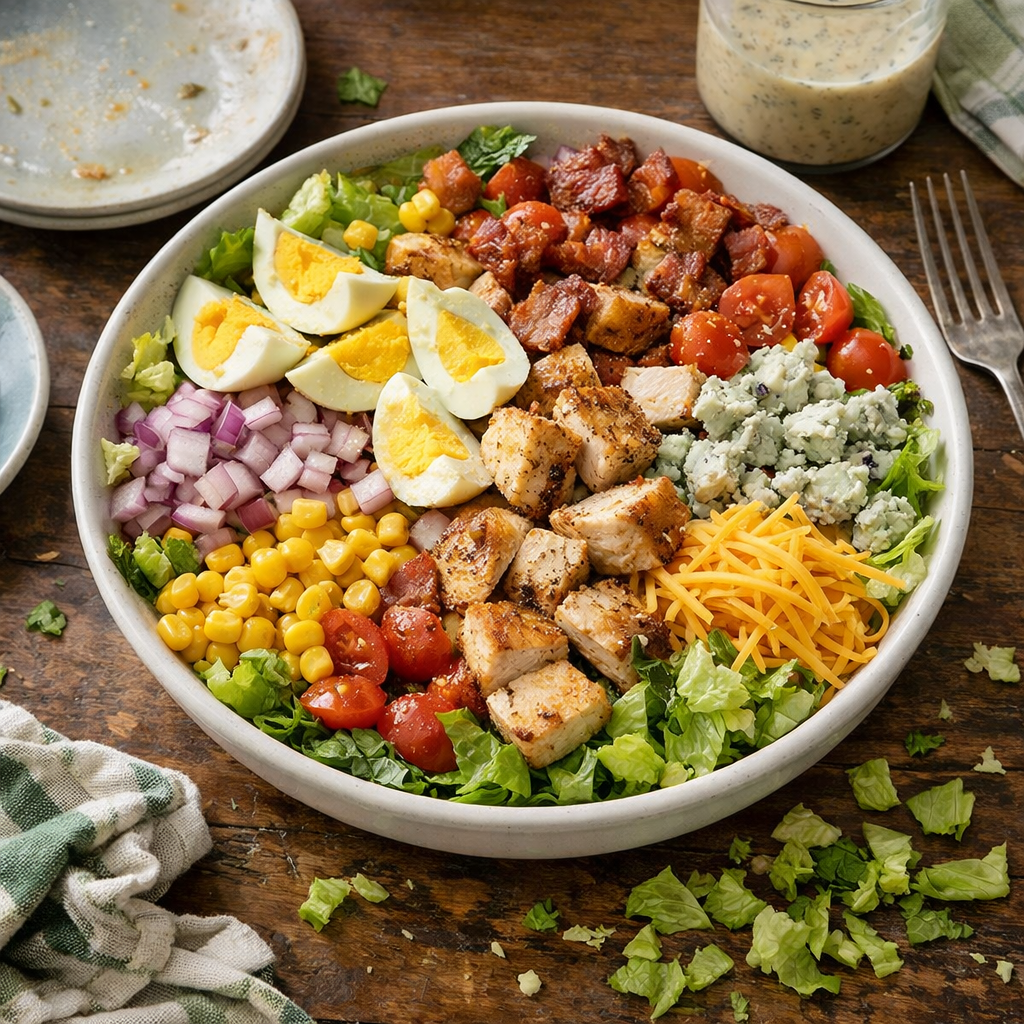 A fresh and hearty Cobb salad made with chicken, eggs, blue cheese, corn, and crisp lettuce. Perfect for a healthy, satisfying meal.