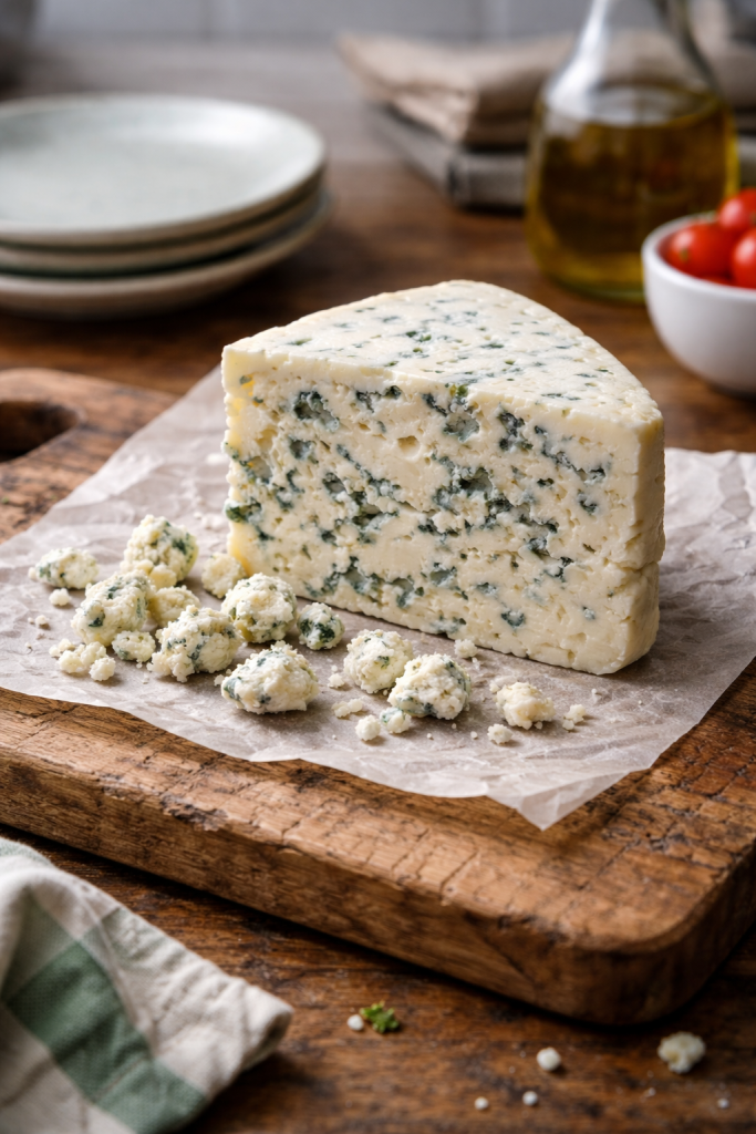 Block of blue cheese with crumbles on a cutting board in a kitchen with plates in the background