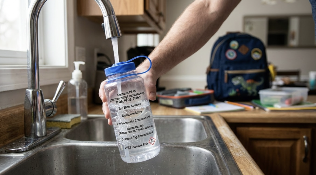filling a kids water bottle at home kitchen sink