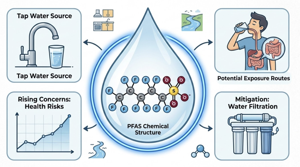 A simple infographic style illustration showing a water droplet with molecular bonds inside, representing the chemical structure of PFAS compounds found in tap water.