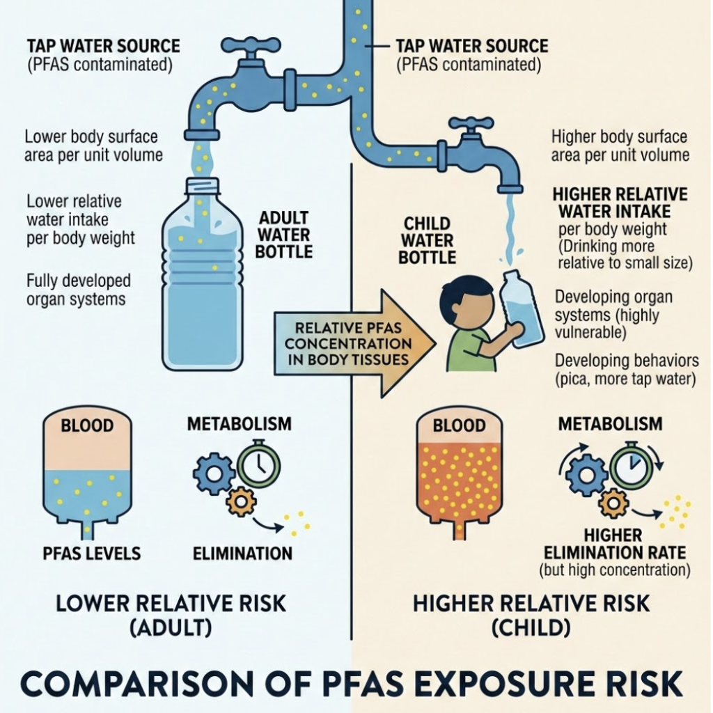 illustration comparing PFAS exposure risk between children and adults