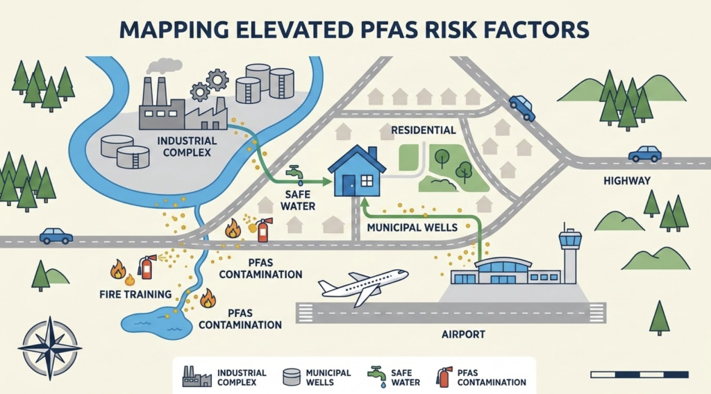 illustration showing risk factors for higher PFAS exposure based on location