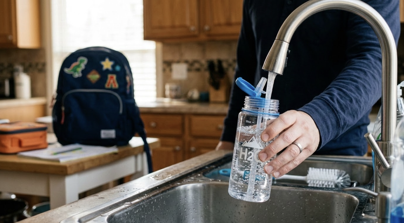 parent filling child's water bottle at home kitchen sink