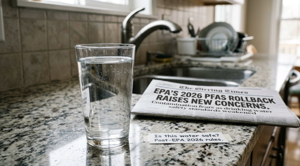 glass of tap water on kitchen counter representing water safety concerns
Caption: Millions of Americans have PFAS in their tap water as EPA protections shift in 2026.