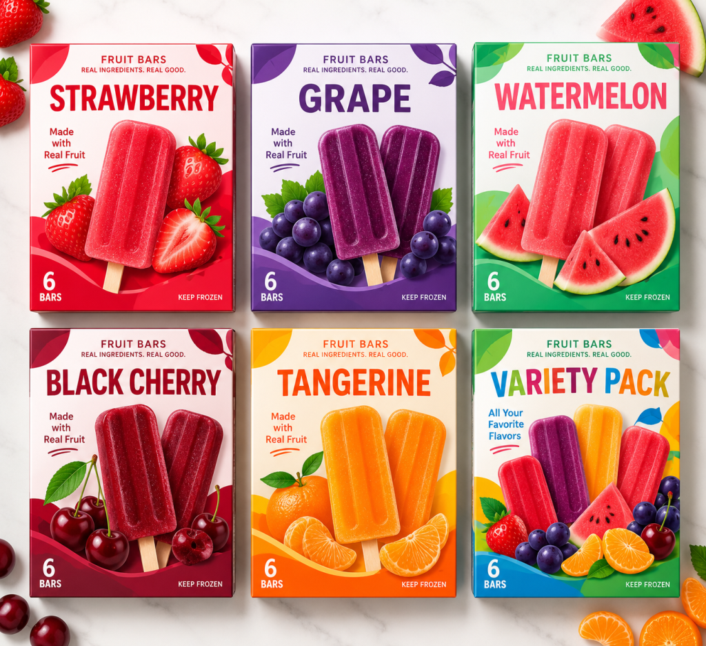 Six recalled Outshine Fruit Bars products including Strawberry, Grape, Watermelon, Black Cherry, Tangerine, and Variety Pack