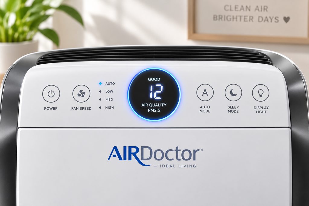 AirDoctor 3500 control panel showing air quality sensor and fan speed settings