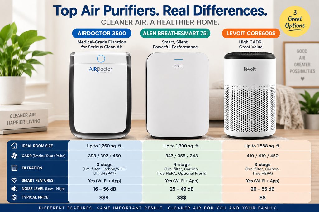 Size comparison of AirDoctor 3500 next to Alen BreatheSmart 75i and Levoit Core600S air purifiers