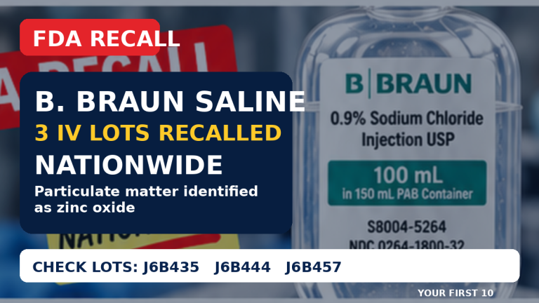B. Braun saline recall for three lots of 0.9% Sodium Chloride Injection
