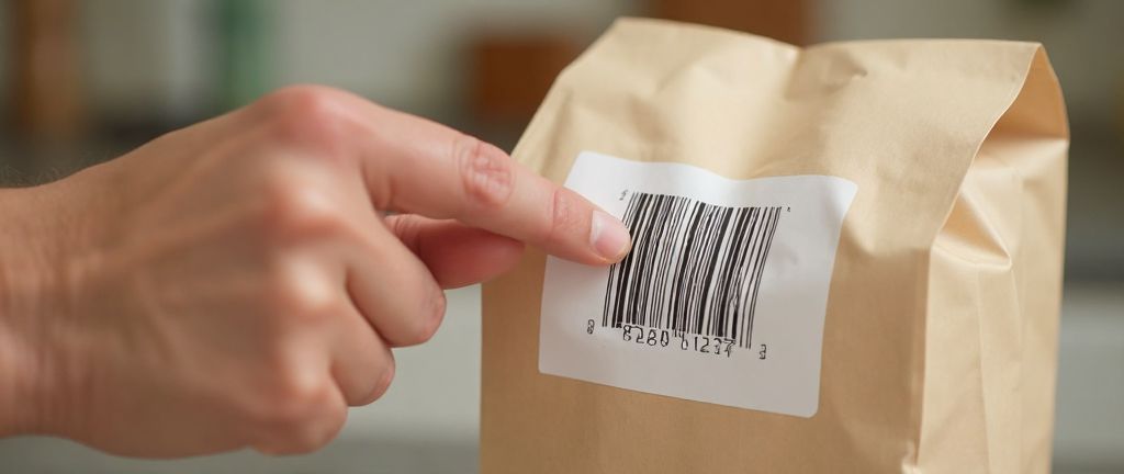Checking the UPC label on a paper bread bag