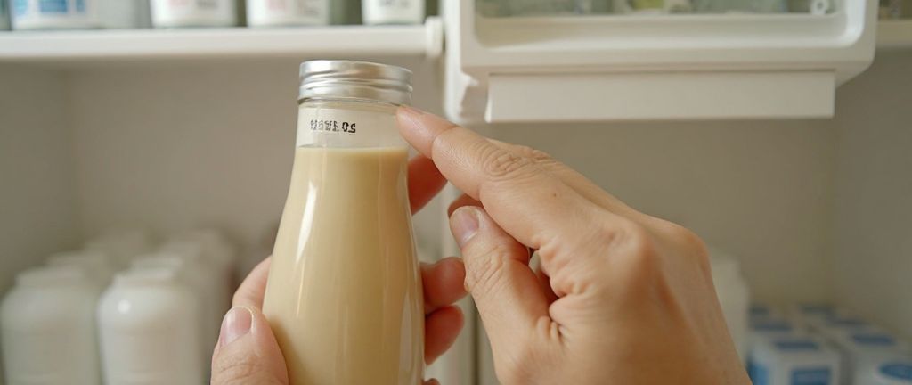 Checking the Best By date printed on a refrigerated dressing bottle
