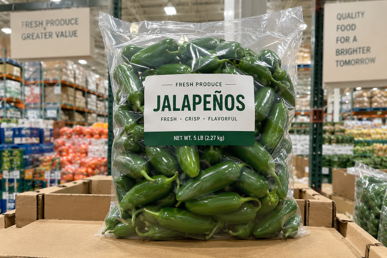 Close-up of jalapeño peppers in a clear plastic bag similar to the recalled Hardie's Fresh Foods product