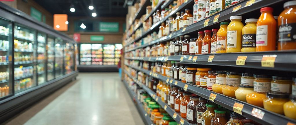 Grocery store produce section with fresh jalapeños and prepared foods