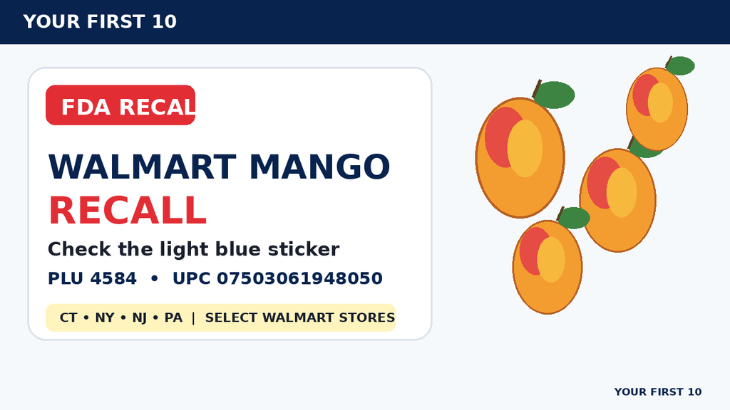 Light blue Agrofepac sticker details for recalled Martina mangoes including PLU 4584