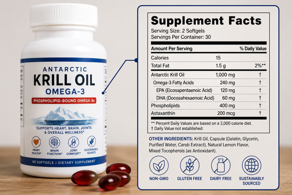 Krill oil supplement label showing EPA, DHA, and phospholipid content