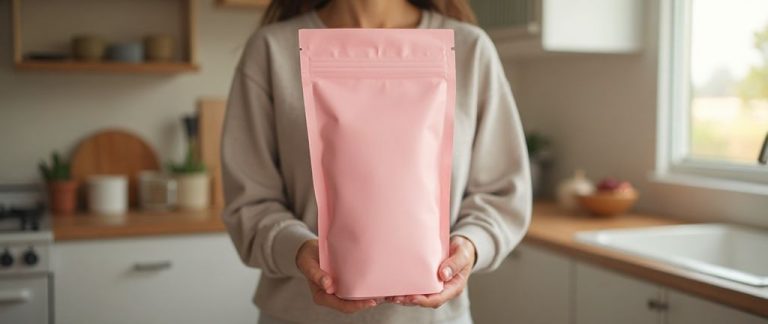 Pink stand-up pouch of lactation granola being checked against a food recall notice