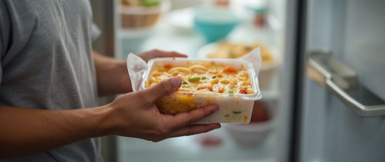 Refrigerated soup kit box being checked against a food recall notice
