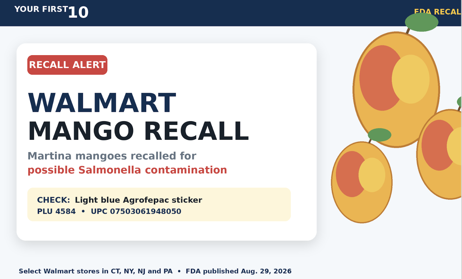 Walmart mango recall for Martina mangoes with PLU 4584 due to Salmonella risk