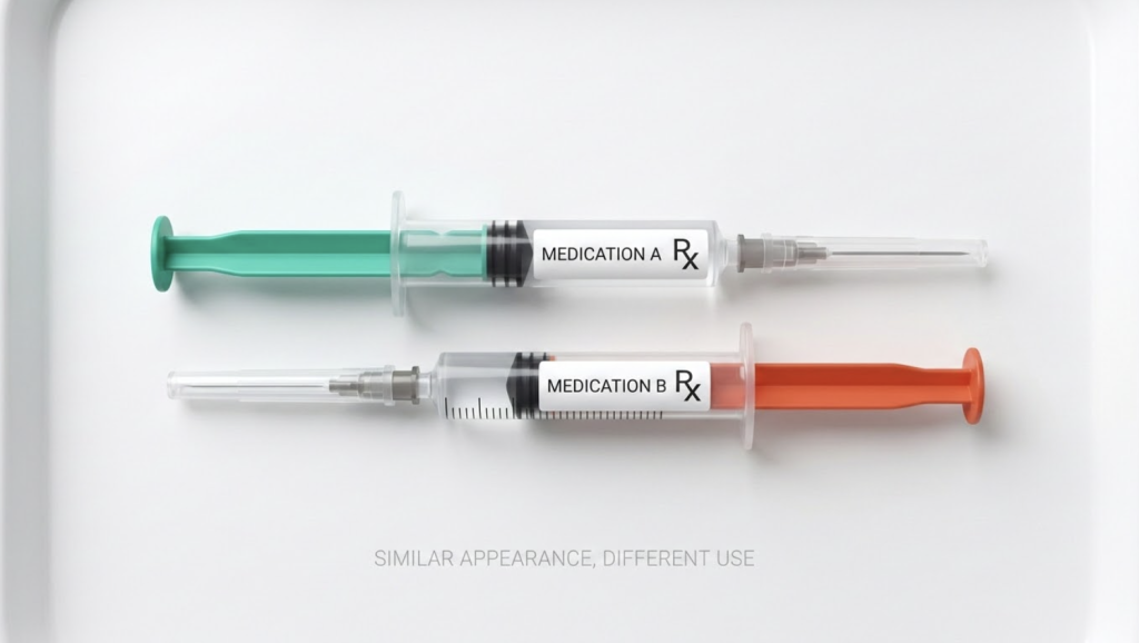 Two similar looking prefilled syringes representing a medication labeling mix-up