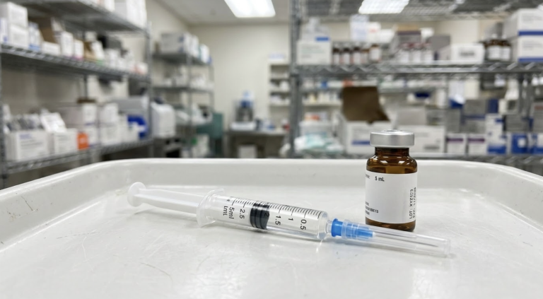 Prefilled syringe on a hospital tray representing an injectable medication recall