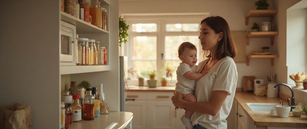 A new mom checking pantry items while holding her baby