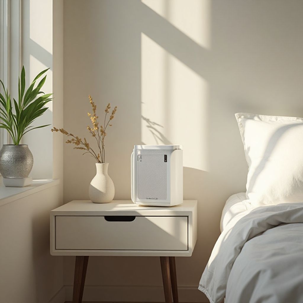 PuroAir 240 compact air purifier on a nightstand in a small bedroom