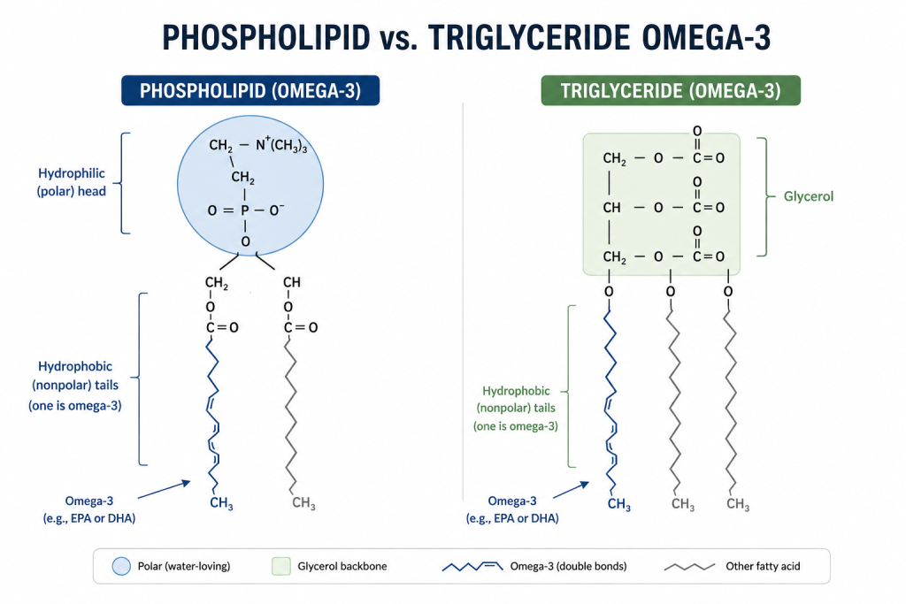 Diagram comparing phospholipid-bound omega-3s in krill oil to triglyceride form in fish oil