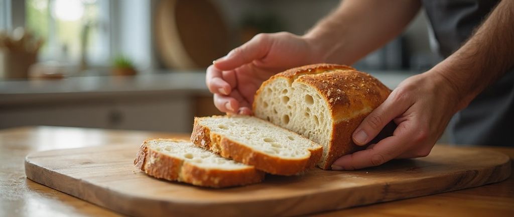 A hand inspecting a slice of bread on a cutting board