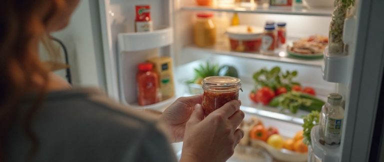 Refrigerated salsa and guacamole containers being checked against a food recall list
