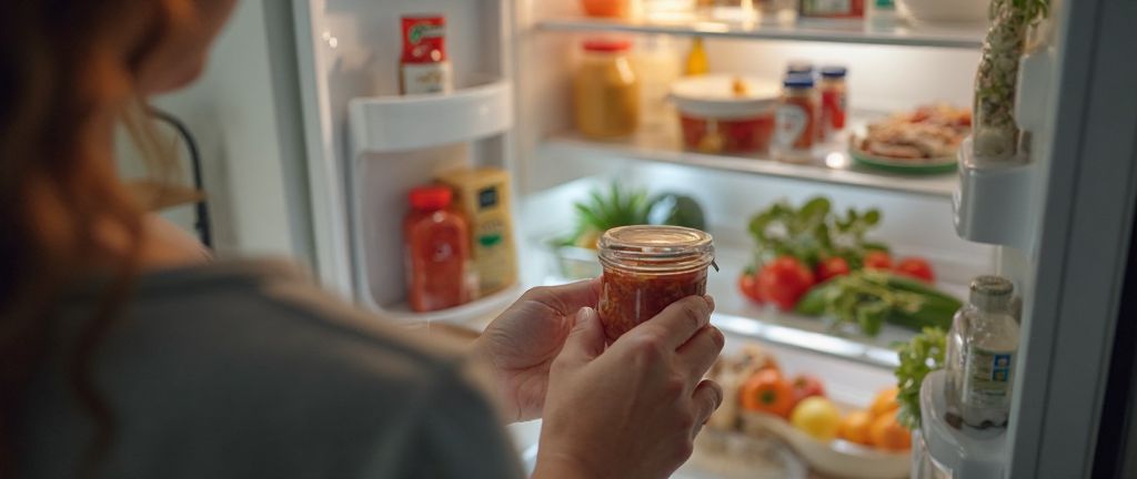 Refrigerated salsa and guacamole containers being checked against a food recall list