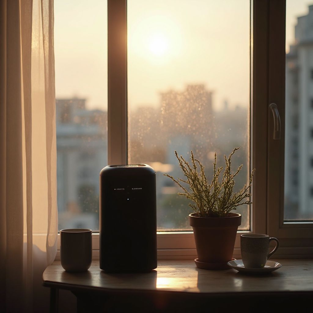 WINIX 5510 air purifier running near a window with hazy skies outside