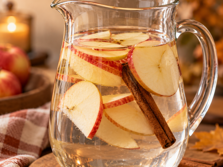 Glass pitcher of fall infused water with sliced apple, cinnamon stick, and pear on a wooden counter