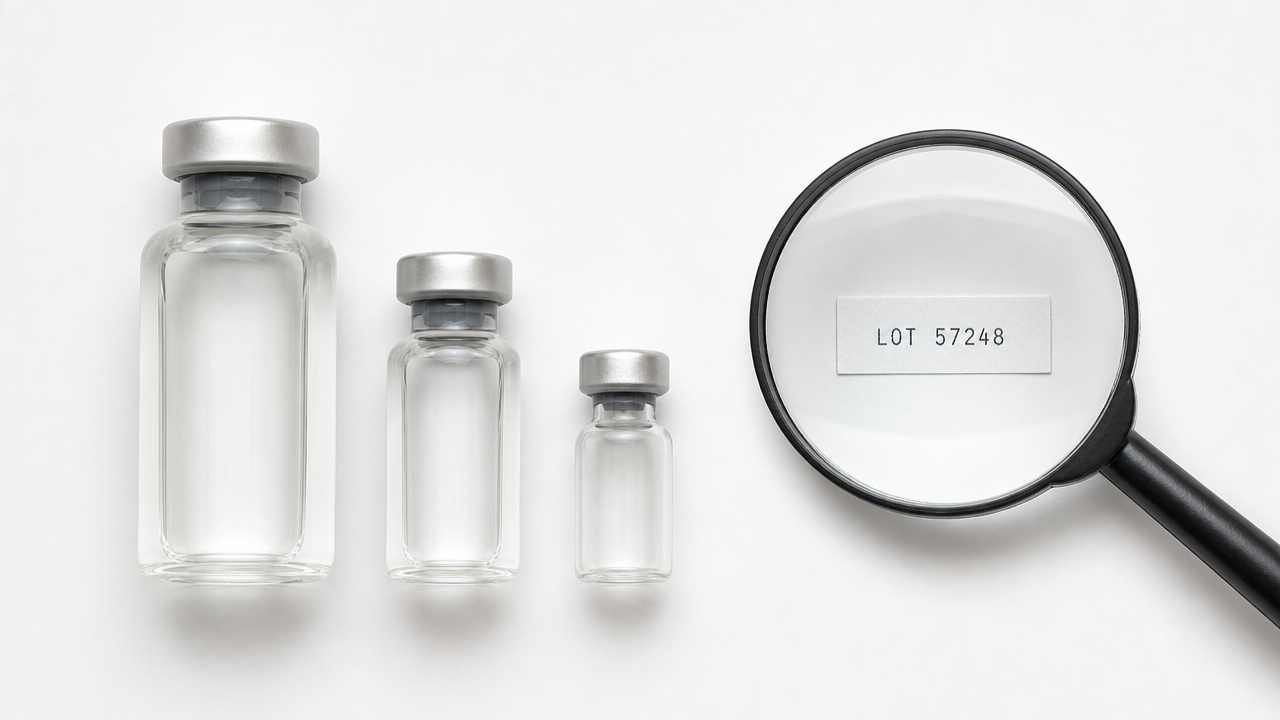 Three unlabeled glass vials next to a magnifying glass checking a lot number