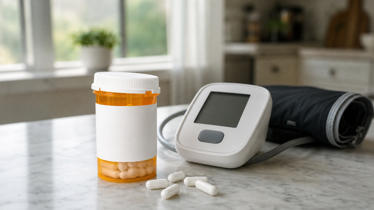 Generic orange prescription pill bottle with white capsules next to a home blood pressure monitor, representing the Hikma ramipril 10mg recall
