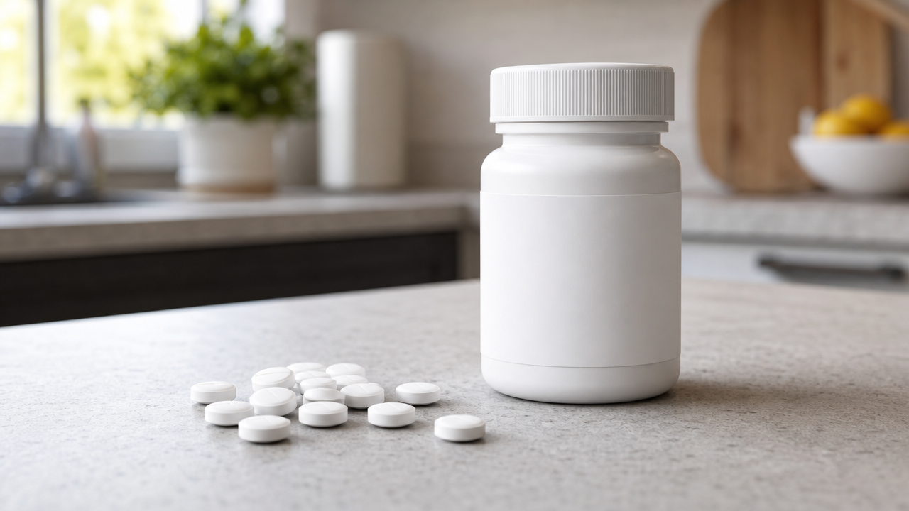 Generic white prescription pill bottle with white round thyroid tablets on a kitchen counter, representing the levothyroxine recall