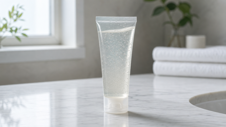 Generic clear gel sunscreen tube standing on a bathroom counter, representing the type of invisible SPF 50 sunscreen gel affected by the recall