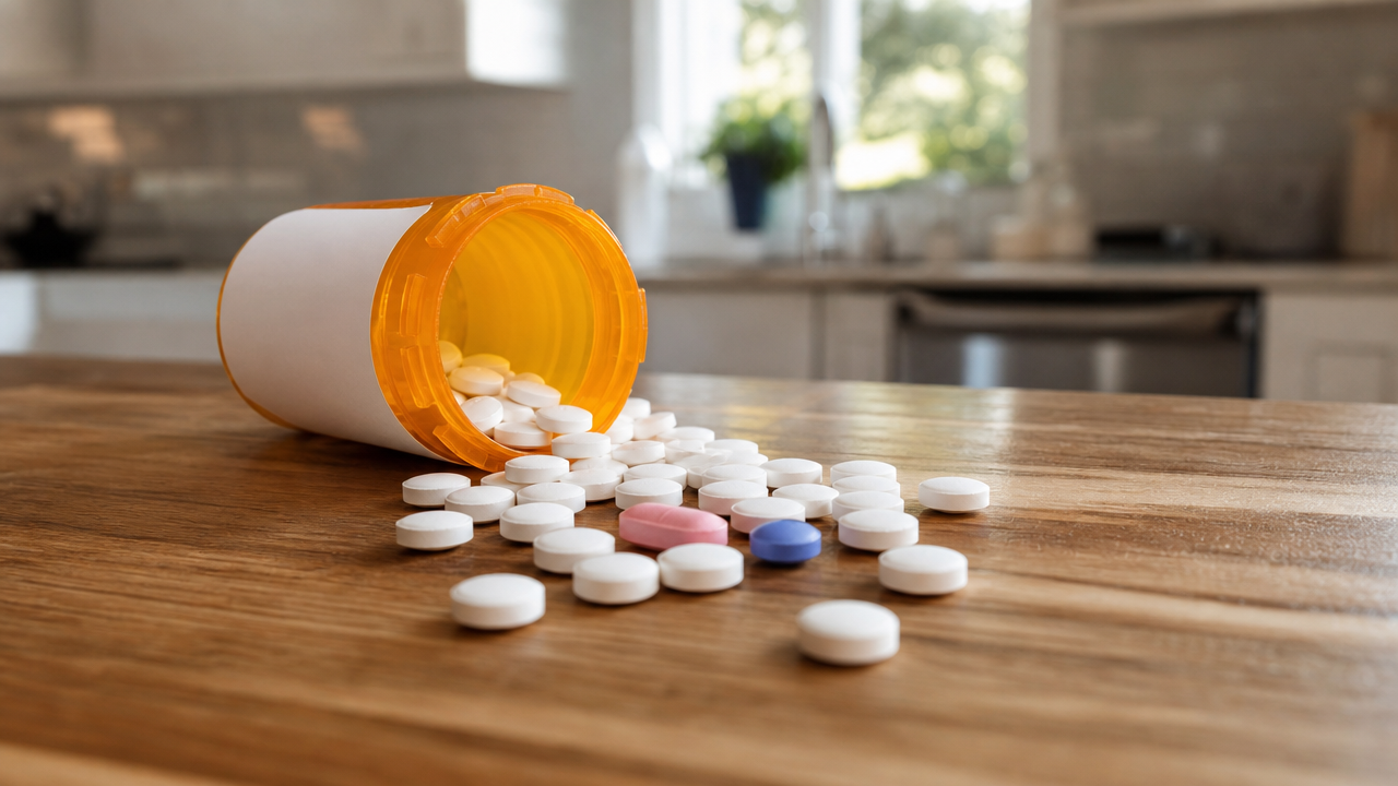 Orange prescription pill bottle spilled onto a counter with white round tablets and a few visibly different pills mixed in