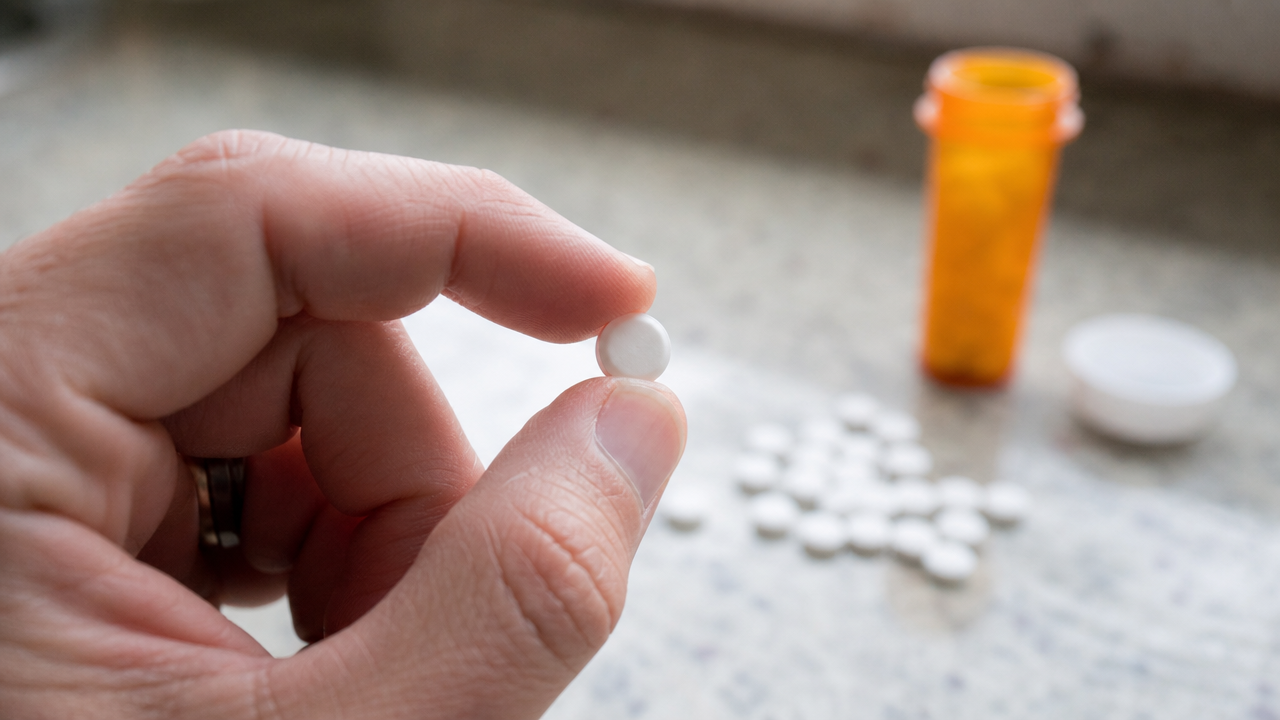 A hand holding up a single white tablet to inspect it next to a pill bottle
